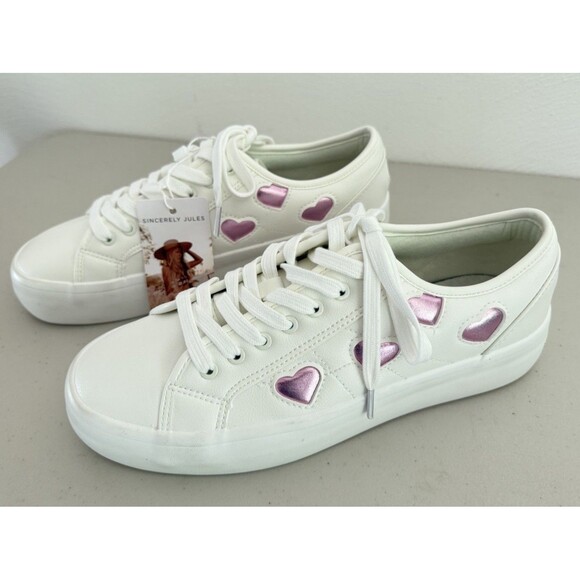Sincerely Jules Pink Heart White Sneakers Women Size 8.5 New - Picture 1 of 12